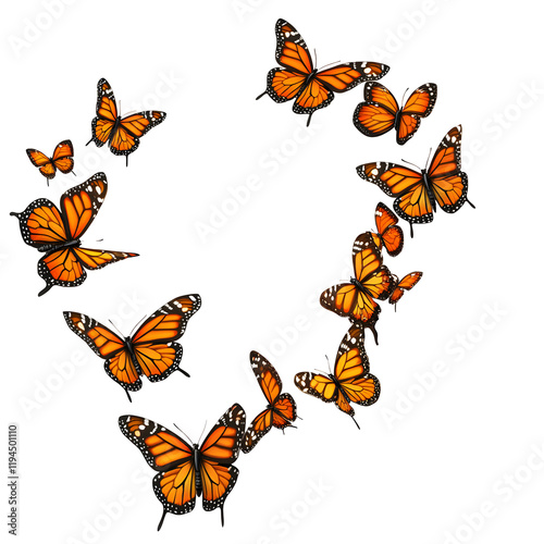 Orange Monarch Butterflies Flying in a Circle, Isolated on White Background