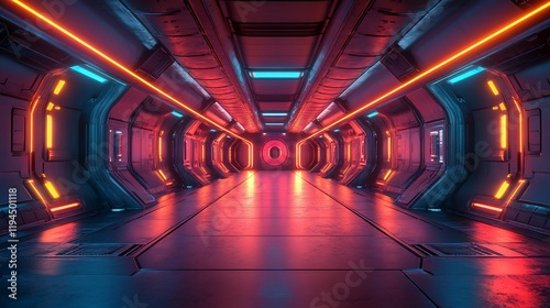 Neon Lights Futuristic Spaceship Corridor