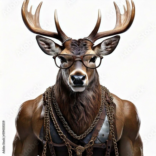 deer a muscular repairman deer with glasses and large antlers who is hardworking and stands like a human