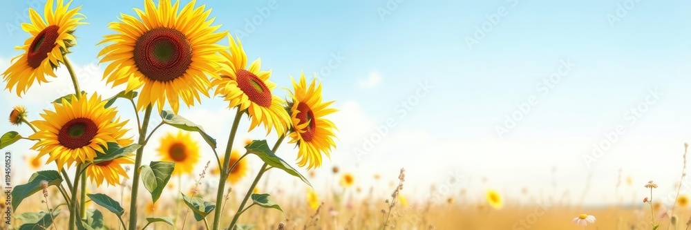 Obraz premium A group of watercolor sunflowers swaying gently in the breeze on a sunny field with wildflowers surrounding them, field, outdoors, flowers