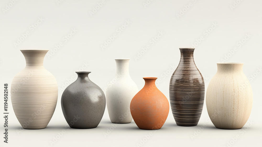 White ceramic vases set isolated on background. Vector realistic illustration of 3D clay bottle, jar, jug shape plastic urns, craft pottery mockups, home interior design elements, decor collection White ceramic vases set isolated on background. Vector realistic illustration of 3D clay bottle, jar, jug shape plastic urns, craft pottery mockups, home interior design elements, decor collection