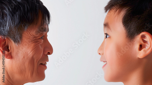 Son and father look at each other on a white background, Asians