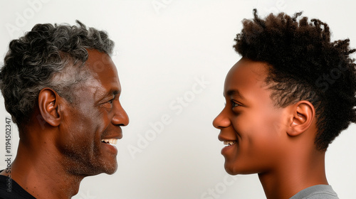 Son and father look at each other on a white background