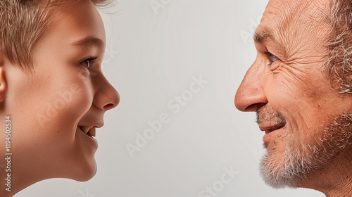 Yong Son and father look at each other on a white background. Europeans