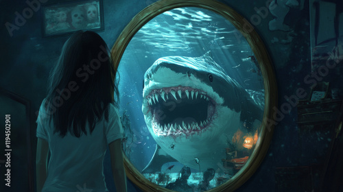 Characters with phobias arachnophobia, coulrophobia, agoraphobia, trypanophobia. Slim woman see fat reflection in mirror, girl scared of sharks in sea, people mental probnlems Line art flat vector set photo