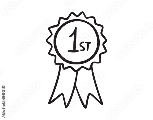 First place, winner reward, rosette hand drawn doodle icon. Medal number 1 icon Simple vector sign.