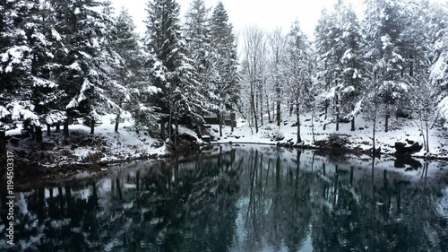 A serene snow-covered forest reflected on a still lake evokes calmness and solitude