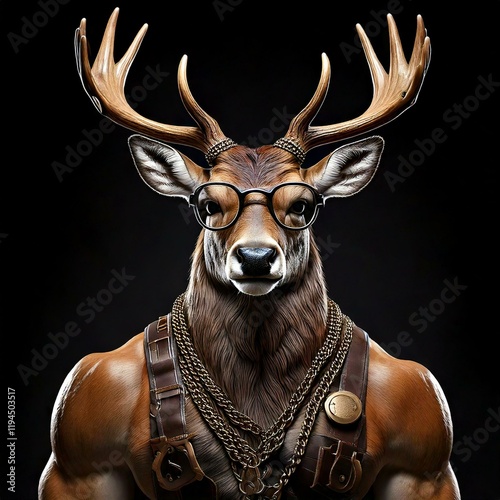 deer a muscular repairman deer with glasses and large antlers who is hardworking and stands like a human