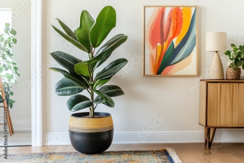 Vibrant Home Decor: Rubber Plant in Stylish Pot photo