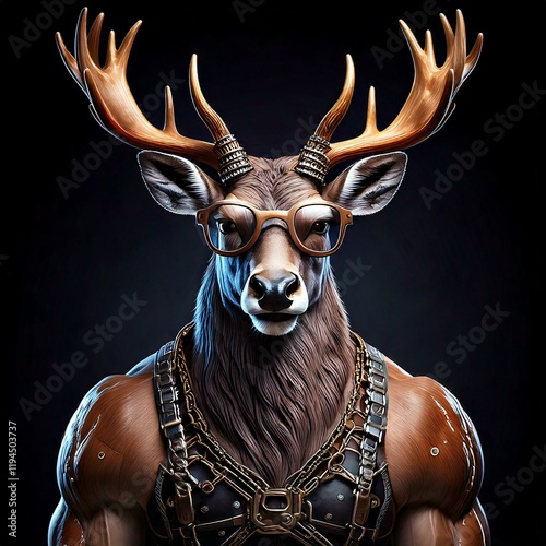 deer a muscular repairman deer with glasses and large antlers who is hardworking and stands like a human