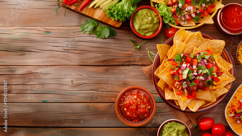 Top view of Mexican nachos with salsa, guacamole, fresh tomatoes, onions, and jalapeños on a rustic wooden table. Bright, colorful, and festive traditional snack scene
