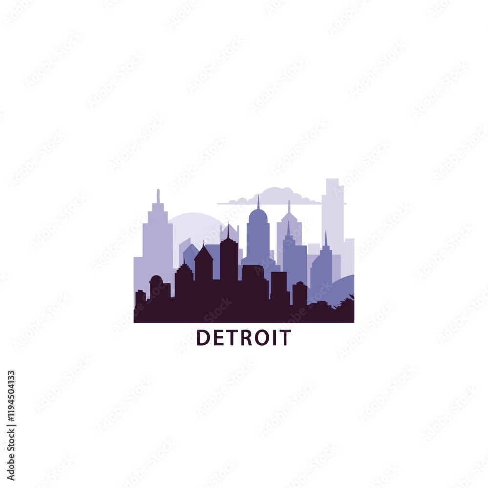 Fototapeta premium USA Detroit logo with skyline, cityscape retro vector icon. United States of America, Michigan city horizon, facade, travel logotype