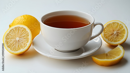 a cup of tea with lemons and a lemon slice
