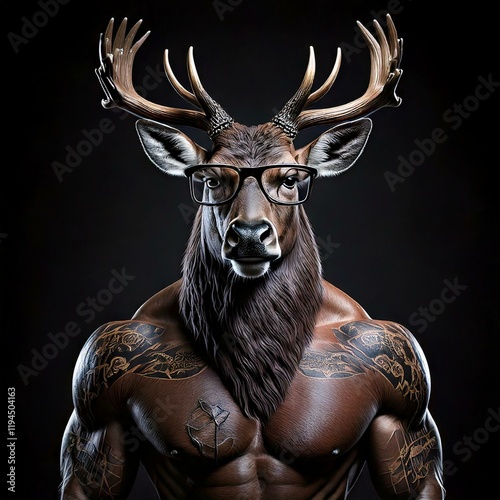 deer a muscular repairman deer with glasses and large antlers who is hardworking and stands like a human