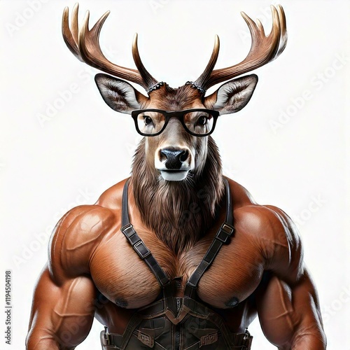 deer a muscular repairman deer with glasses and large antlers who is hardworking and stands like a human
