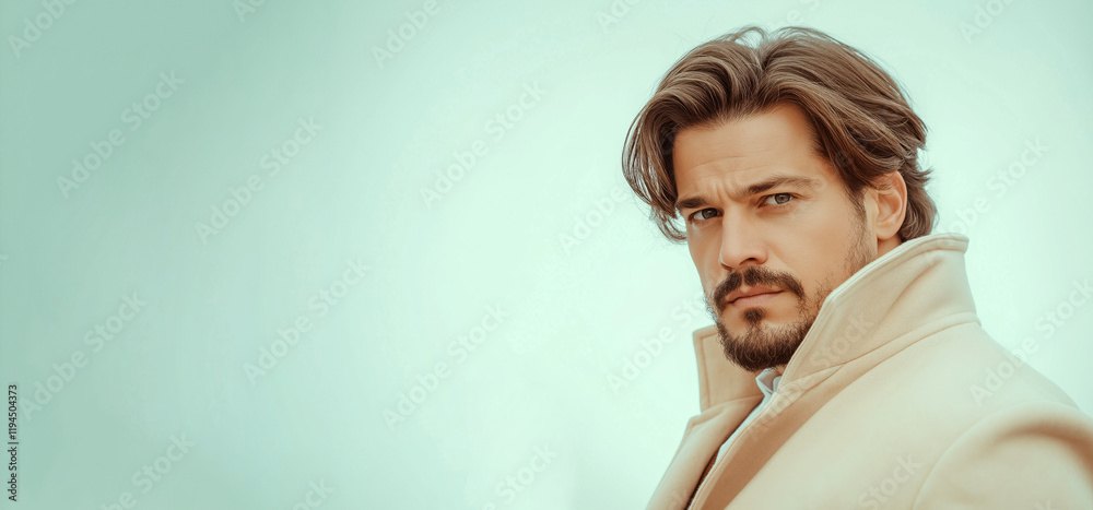 Elegant man wearing beige coat posing in cold weather