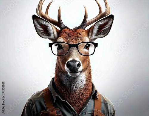 deer a muscular repairman deer with glasses and large antlers who is hardworking and stands like a human