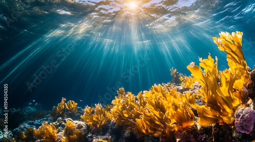 Underwater kelp forest sunbeams ocean background photo