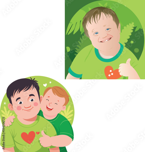 Happy child with down syndrome showing thumbs up and hugging father