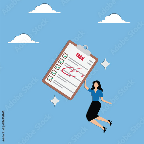 Outstanding employee or job performance, receiving highly rated test results, completing tasks to a high standard, tradeswomen taking papers with an A rating