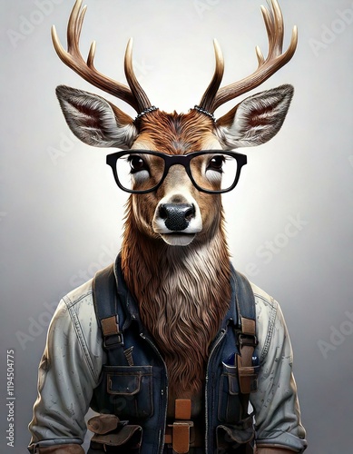 deer a muscular repairman deer with glasses and large antlers who is hardworking and stands like a human