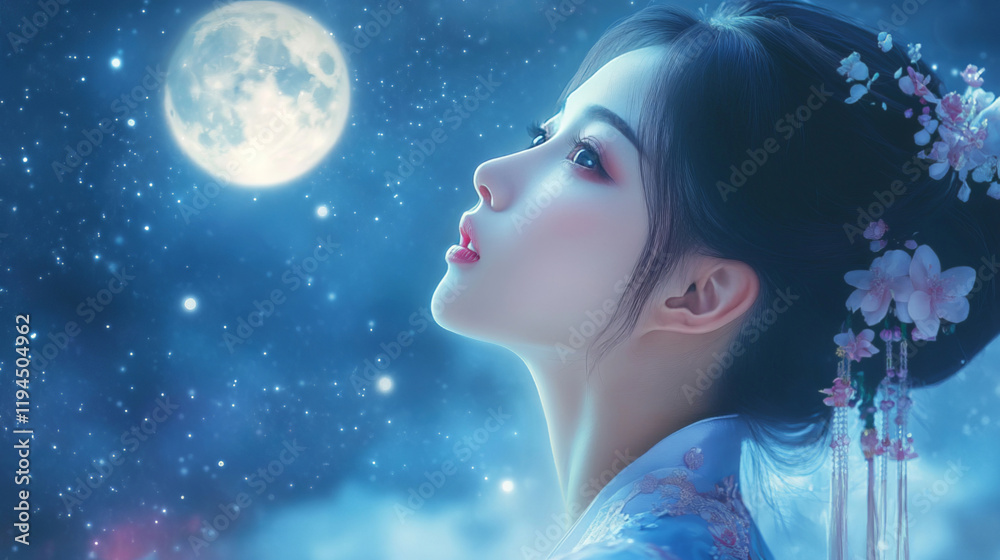 An elegant Chinese woman in Hanfu gazes at the glowing moon, her delicate makeup and serene expression creating an ethereal moment steeped in cultural beauty and grace. An elegant Chinese woman in Hanfu gazes at the glowing moon, her delicate makeup and serene expression creating an ethereal moment steeped in cultural beauty and grace.