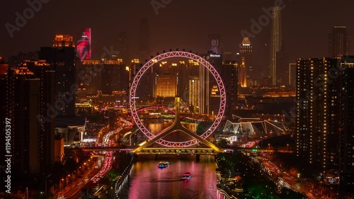 Time lapse of the stunning night view showcasing the Ferris wheel at Tianjin Eye with city lights and reflections