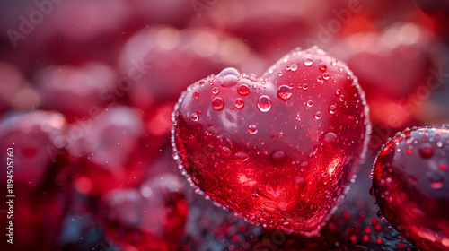 Glistening red hearts with droplets, Valentine day romantic background. Generative AI