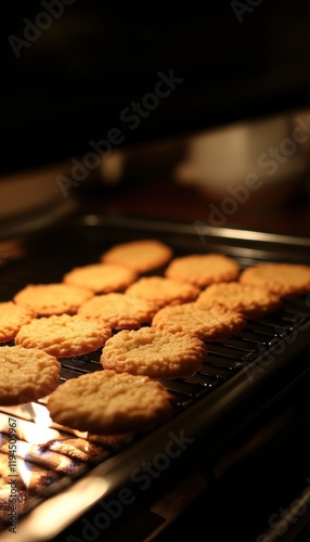 Golden cookies baking on a rack, glowing with warmth from the oven's heat.  A delicious treat in the making! photo