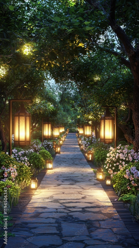 Enchanting evening garden pathway with glowing lanterns and blooming flowers serene outdoor setting captivating atmosphere Enchanting evening garden pathway with glowing lanterns and blooming flowers serene outdoor setting captivating atmosphere