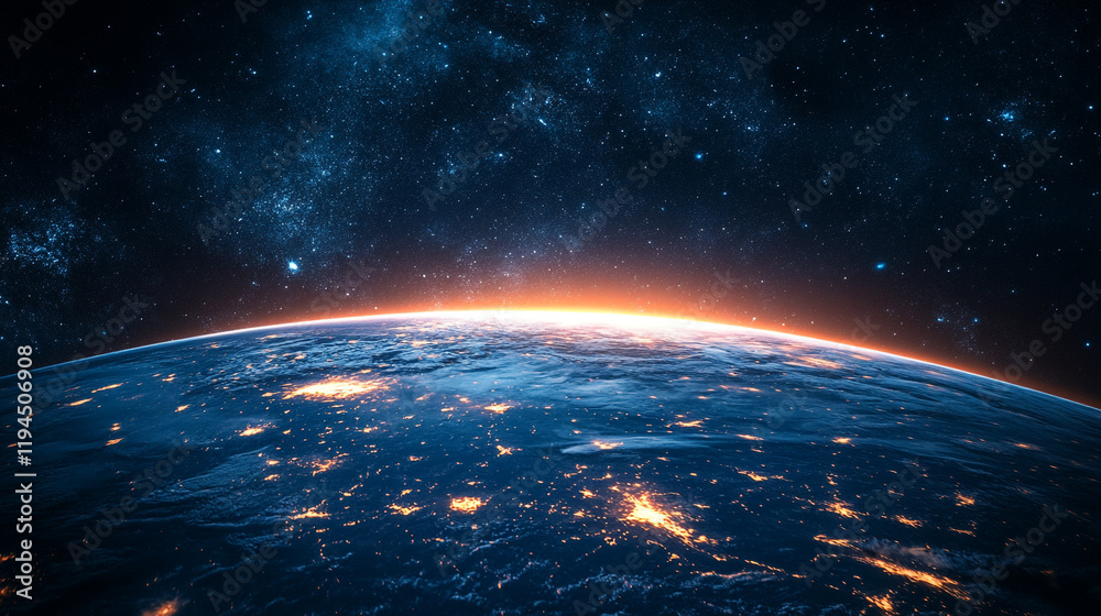 Fototapeta premium View of Earth from space showcasing glowing city lights and atmosphere at twilight