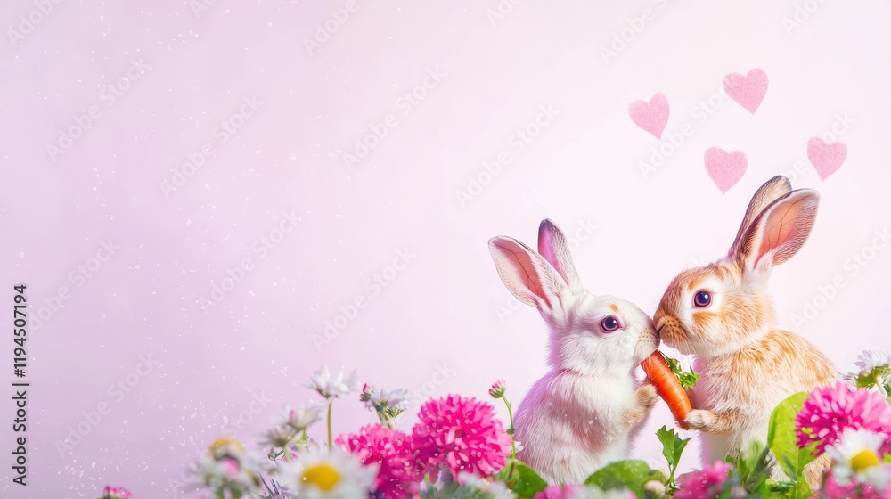 Fototapeta premium Adorable Rabbits Sharing a Carrot Surrounded by Colorful Flowers and Hearts in a Romantic Spring Setting