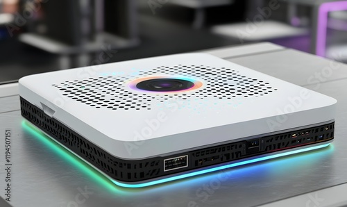 White mini PC with RGB lighting and cooling system. photo