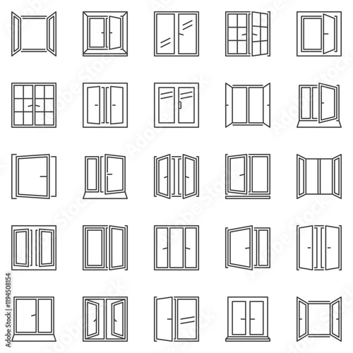 Opened Glass Windows outline icons set - vector house window symbols