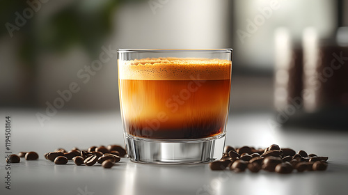 a glass of coffee with coffee beans on the table