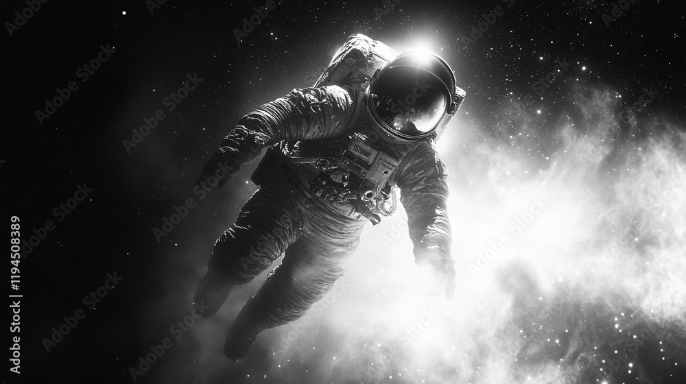 Fototapeta premium Astronaut floats in the vastness of space surrounded by distant stars and cosmic clouds