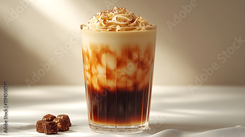 a tall glass of iced coffee with a chocolate covered in whipped cream photo