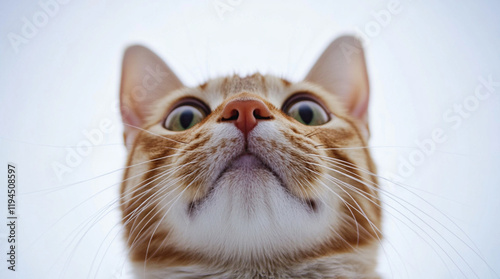 Close-up of a cat's face on a white background taken from the bove photo