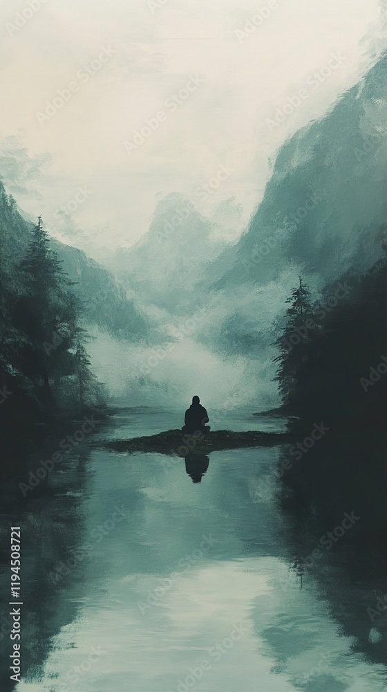 Fototapeta premium Serene Lake in Misty Mountains: A Moment of Tranquility