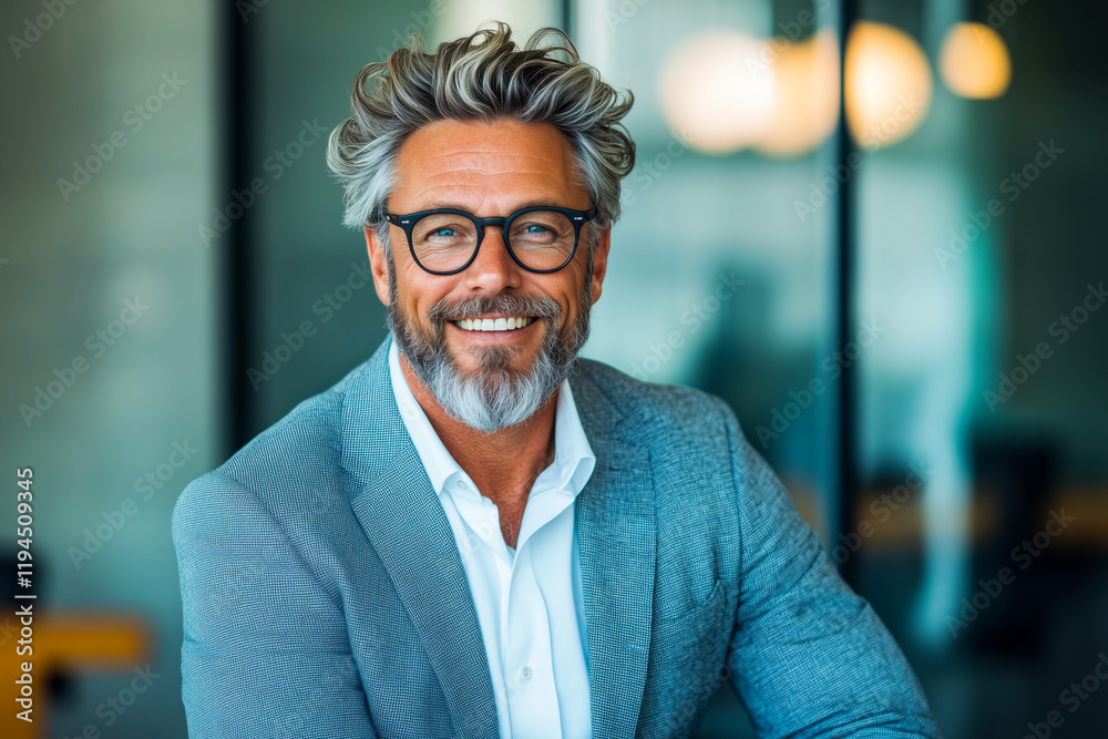 Naklejka premium Portrait of smiling senior businessman with grey hair and beard wearing glasses in office