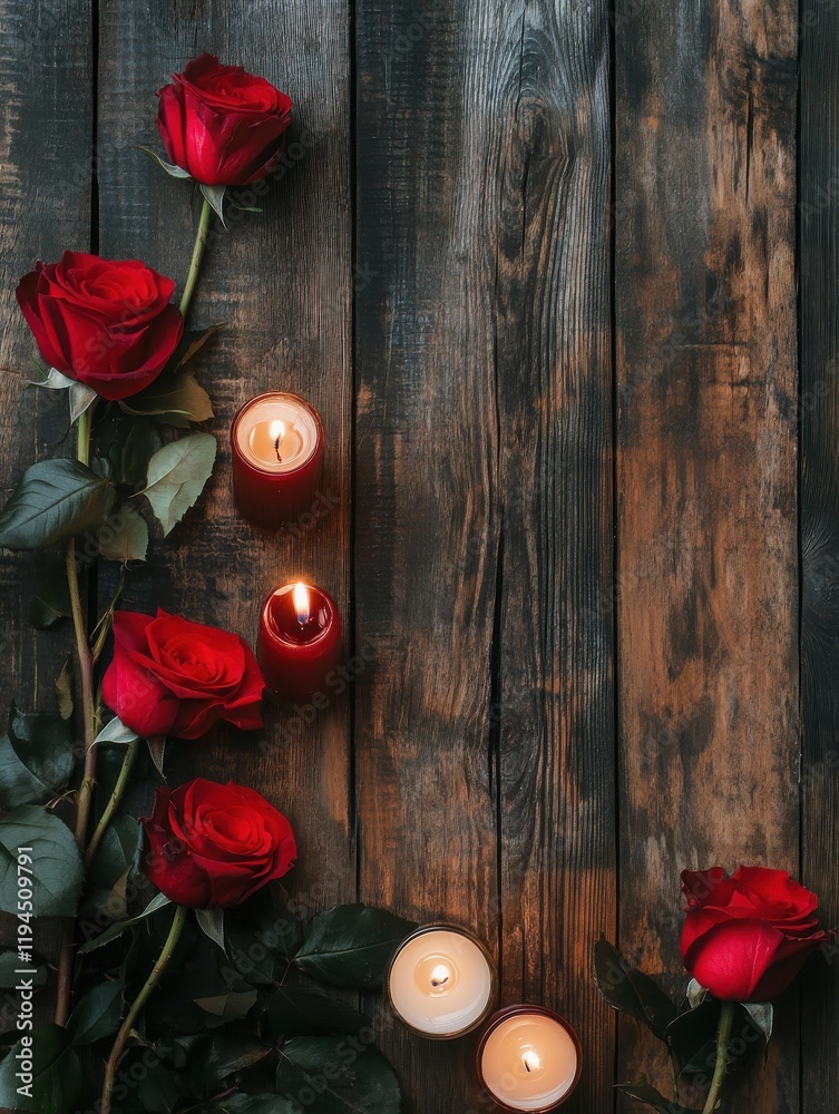 Red roses and candles on a rustic wooden background, perfect for Valentine's Day or a romantic occasion. Red roses and candles on a rustic wooden background, perfect for Valentine's Day or a romantic occasion.