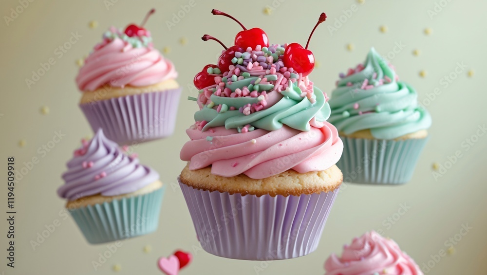 Colorful pastel cupcakes with fluffy frosting and cherries create a delightful display in a whimsical setting filled with fun sprinkles Colorful pastel cupcakes with fluffy frosting and cherries create a delightful display in a whimsical setting filled with fun sprinkles