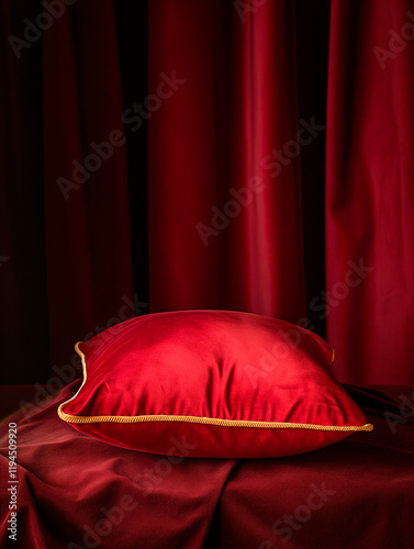 Single luxurious red velvet pillow with gold trim resting on rich red fabric, with elegant red draped curtains in the background. Cozy and opulent setting, perfect for themes of luxury