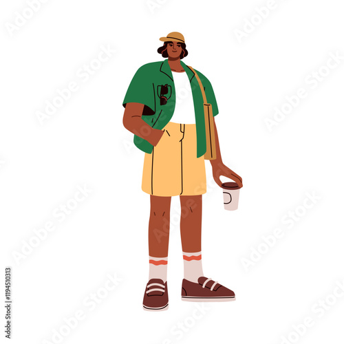Young man in modern summer outfit. Male in shirt, shorts, sneakers and cap, holding coffee mug outdoors. Casual trendy apparel, clothes style. Flat vector illustration isolated on white background