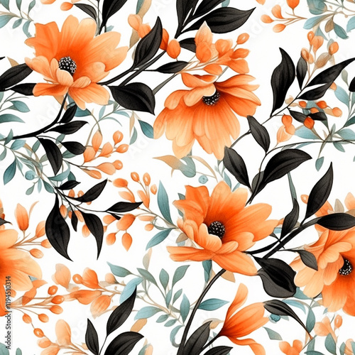 Abstract floral lino cuts of leaves and flowers designed in a random patter Seamless pattern with flowers Seamless pattern with autumn botanical, elegant floral composition on dark background 