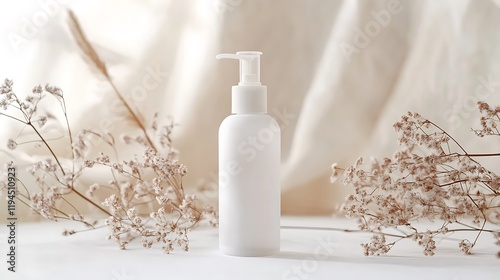 Elegant White Pump Bottle Product Photography with Dried Flowers