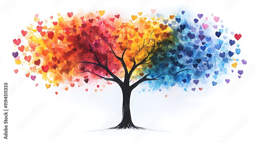 Fototapeta premium Colorful heart tree, love, art, design, white background, celebration, graphic
