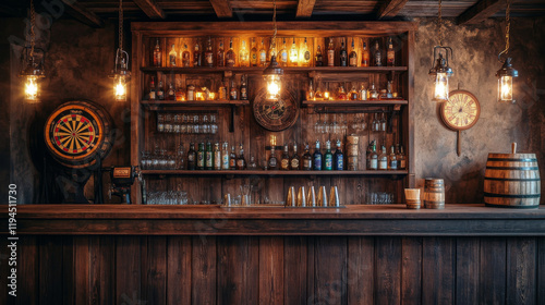 Old tavern, vintage pub with wooden bar counter, shelf with bottles, glow lanterns and beer mug on table. Vector cartoon empty interior of retro saloon with barrel and darts target at night