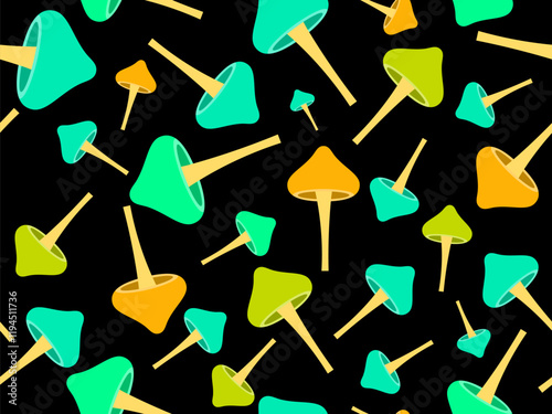 Mushrooms seamless pattern. Mushrooms on a stem. Hallucinogenic mushrooms of different colors. Mushroom design for wallpapers, covers, wrappers and banners. Vector illustration