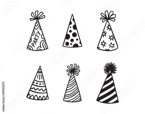 Festive party hats hand drawn doodle funny set. Party hats drawing outline elements set.